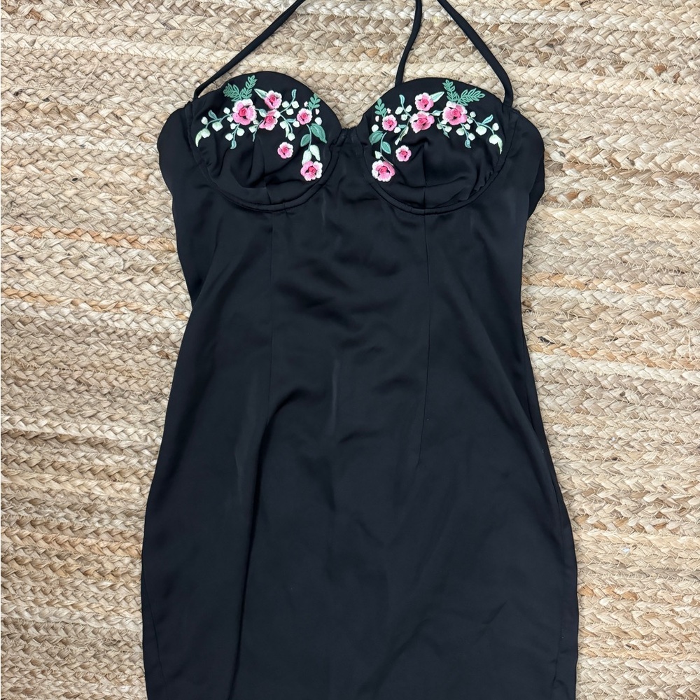 Princess Polly Black Strapless Dress with Pink Floral Accents